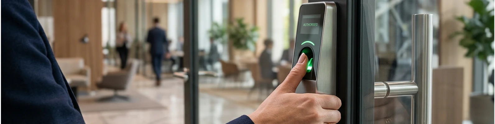 employee using biometric fingerprint scanner in corporate office