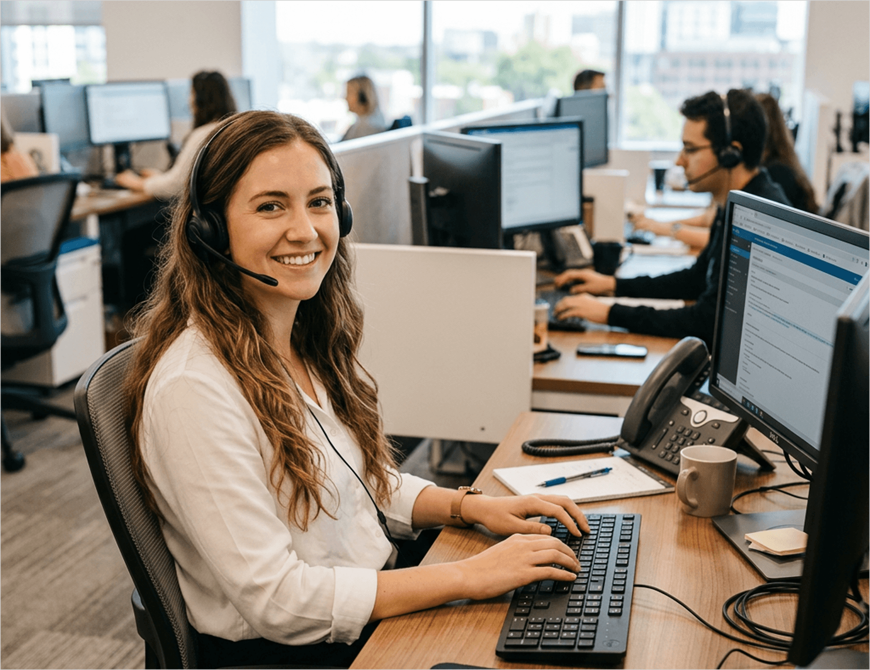 smiling customer service representative wearing a headset