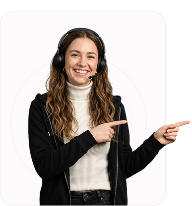 Friendly customer service agent in a headset smiling and pointing to the side, as if directing attention to information.