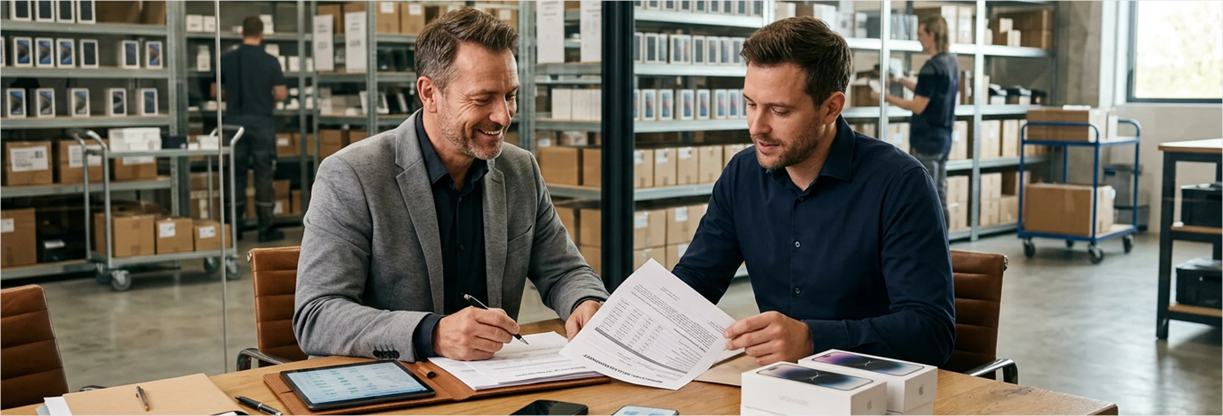 businessmen finalizing mobile wholesale deal