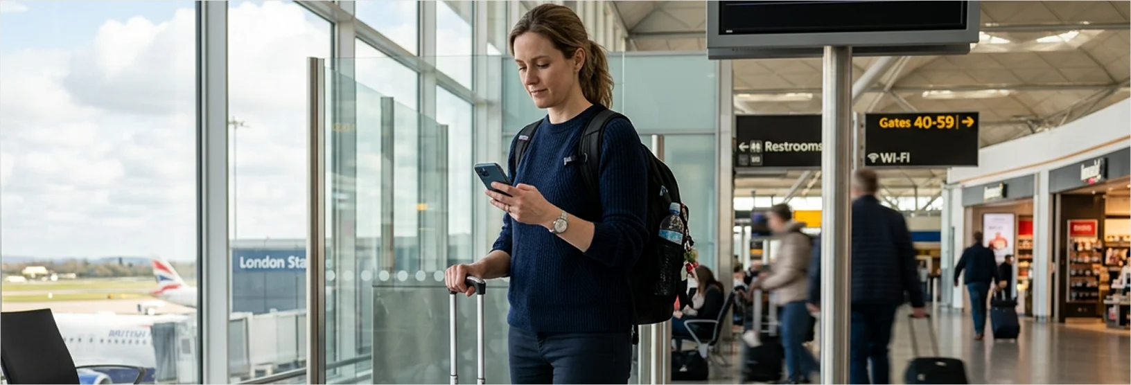 passenger using mobile inside airport terminal