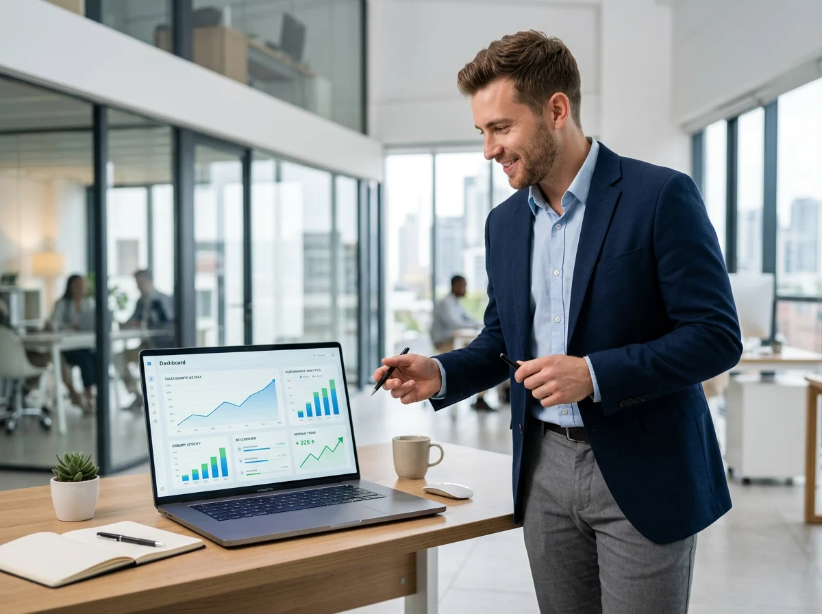 man pointing to growth graphs on laptop