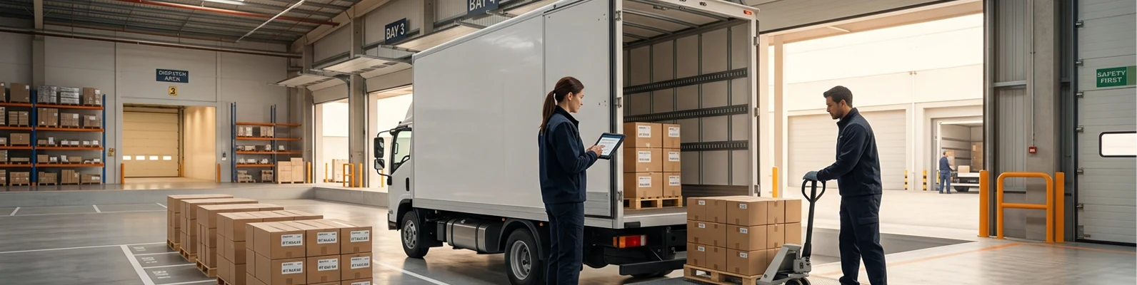dispatch team loading parcels onto cargo truck in warehouse loading bay