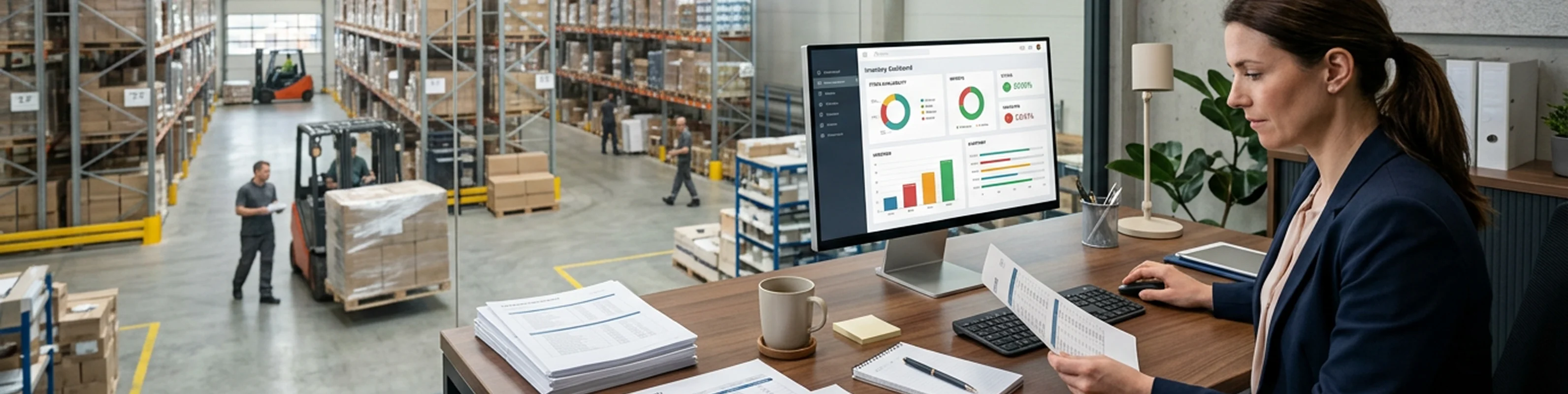 warehouse manager reviewing inventory reports in warehouse office